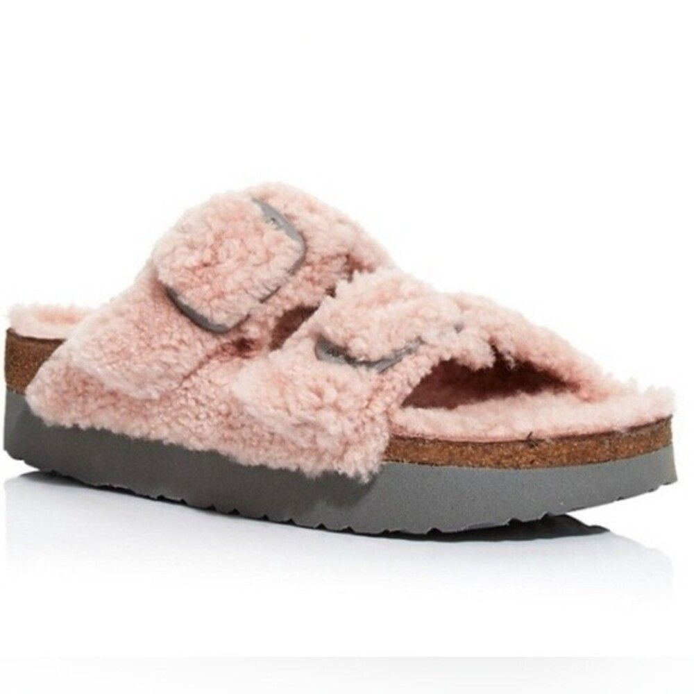 Birkenstock Papillio Baby Pink Gray Buckle Shearling Platform Sandal Size 36 New